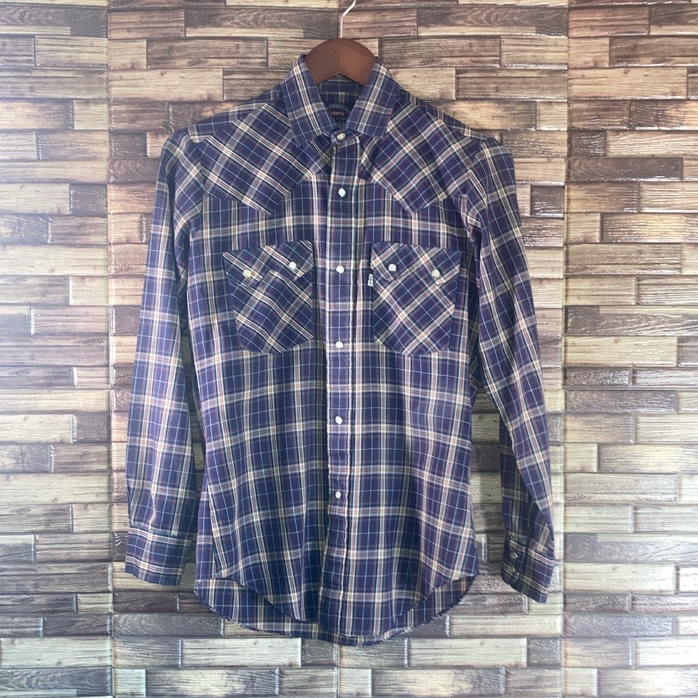 Vintage Mens Levi’s Western Pearl Snap Small Blue Plaid Western Shirt